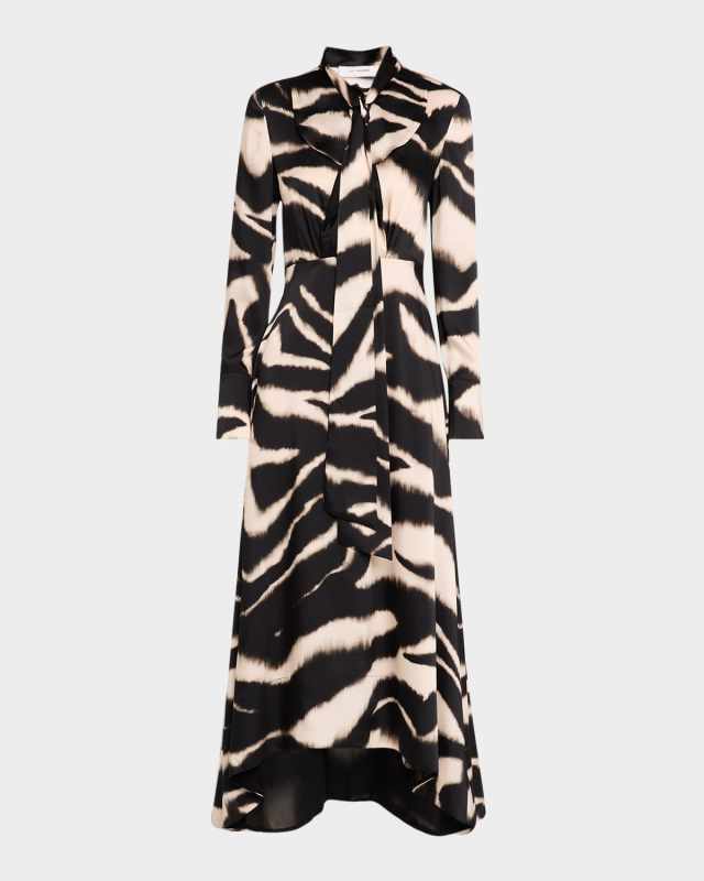 Zebra-Print Long-Sleeve Scarf Midi Dress